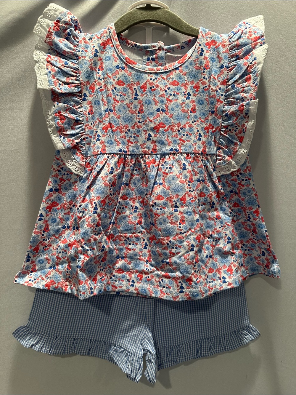 Girls Floral Ruffle Sleeve Top with Gingham Shorts